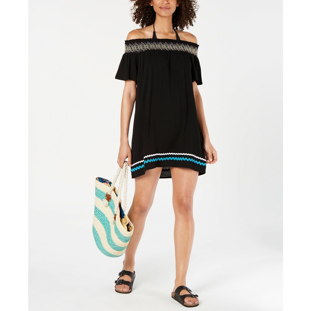 Miken Off-The-Shoulder Swimsuit Cover-Up Dress Size Medium Black NEW